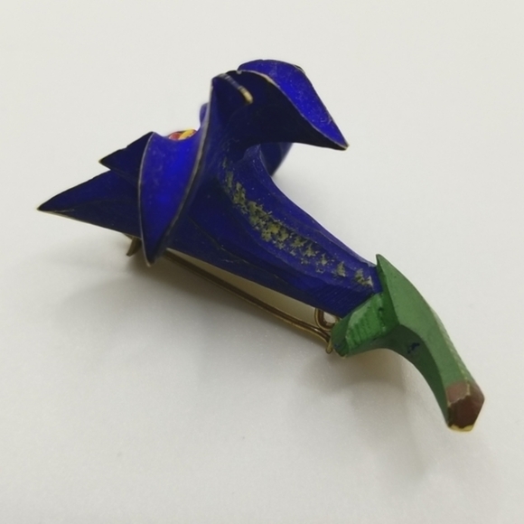 Gentian Violet Lily Mid Century Brooch Pin 30s Painted C Hook Closure Blue Vtg - Picture 11 of 12